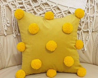 Mustard Pom Pom Pillow Cover, Mustard Pillow Case, Mustard Yellow Velvet Pillow, Throw Pillow, Nursery Room Decor,  Yellow Scatter Pillow