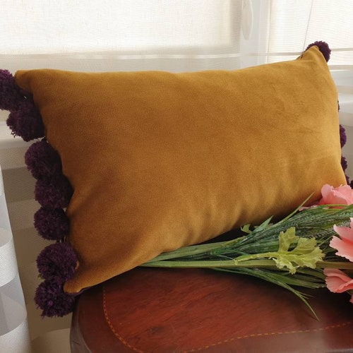 Mustard Pillow Cover With Pom Poms Mustard Pom Pom Throw Etsy