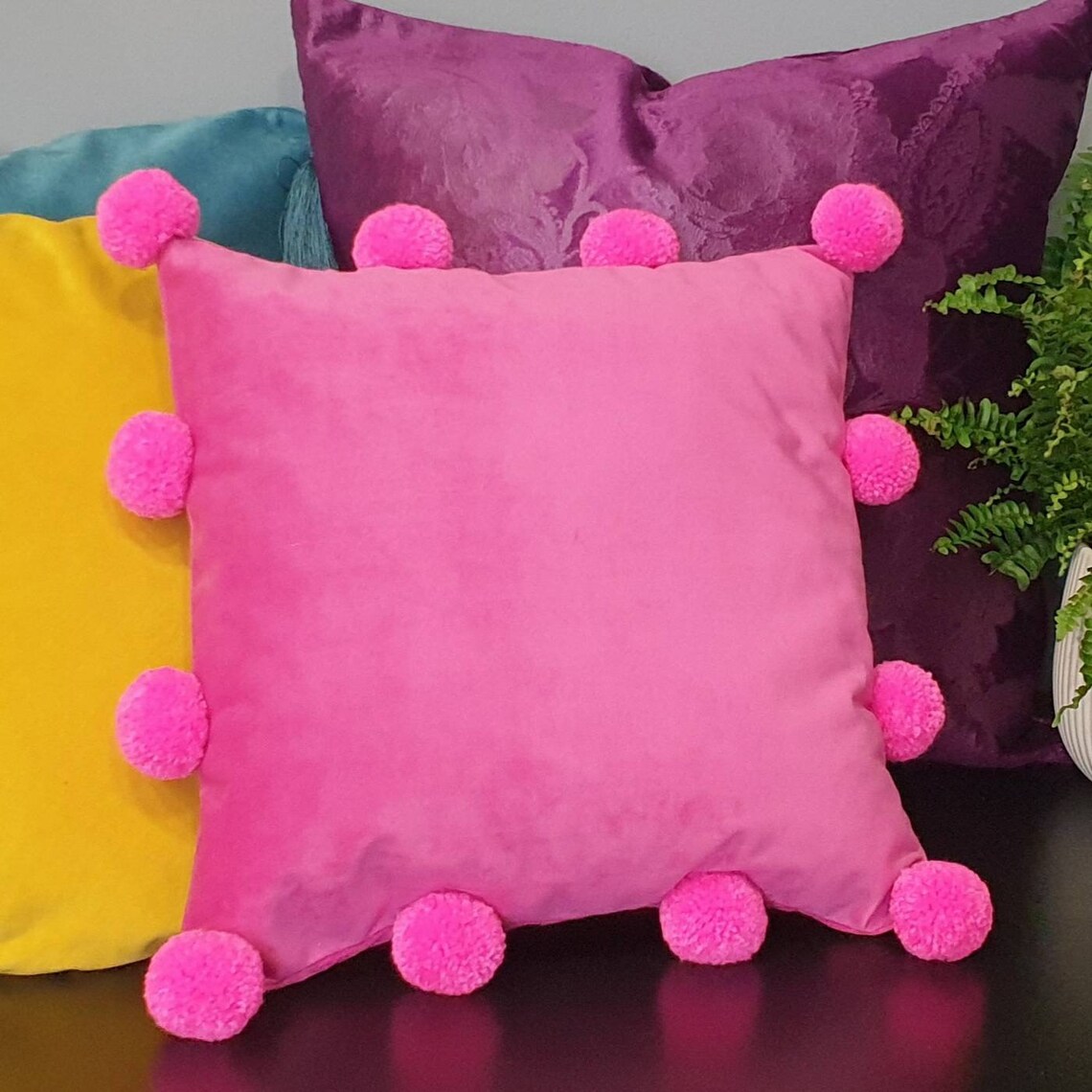 Hot Pink Pillow Cover with Pom Poms Pink Pom Pom Pillow Case Etsy