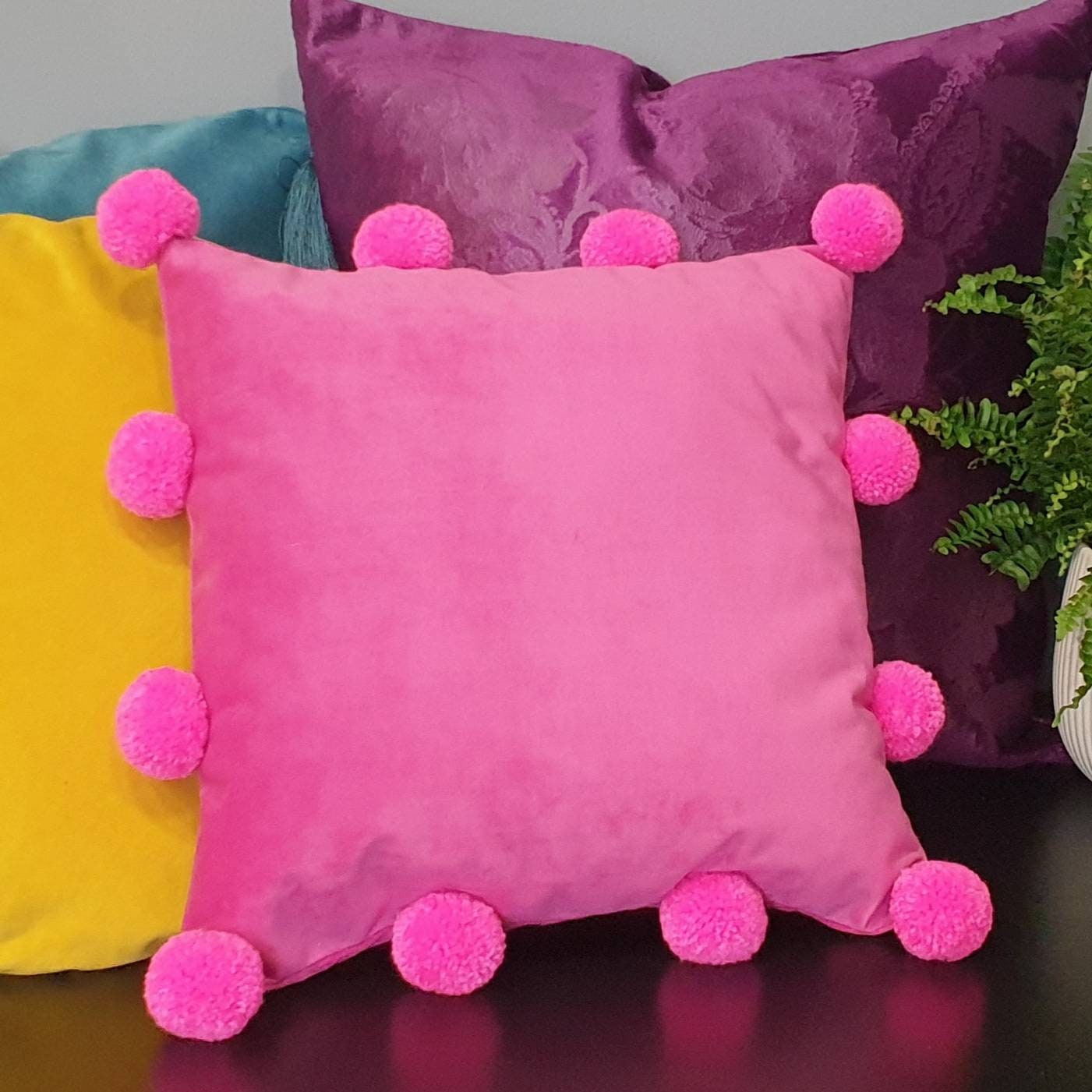Hot Pink Pillow Case Velvet Pom Pom Cushion Cover Pink Pom Etsy