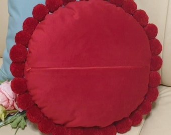 Christmas Red Round Pillow Red Pom Pom Cushion Cover Xmas Red Velvet Pillow Red Throw Pillow Red Pillow Cover Circle Throw Pillow Etsy