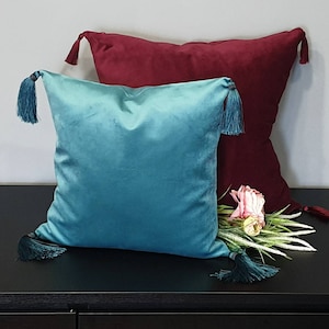 Luxe kussenslopen met kwastjes, groenblauw kussenslopen, groenblauw fluwelen kussens, kussens gooien, blauwe bankkussens, lichtblauwe kussensloop, kussenhoes