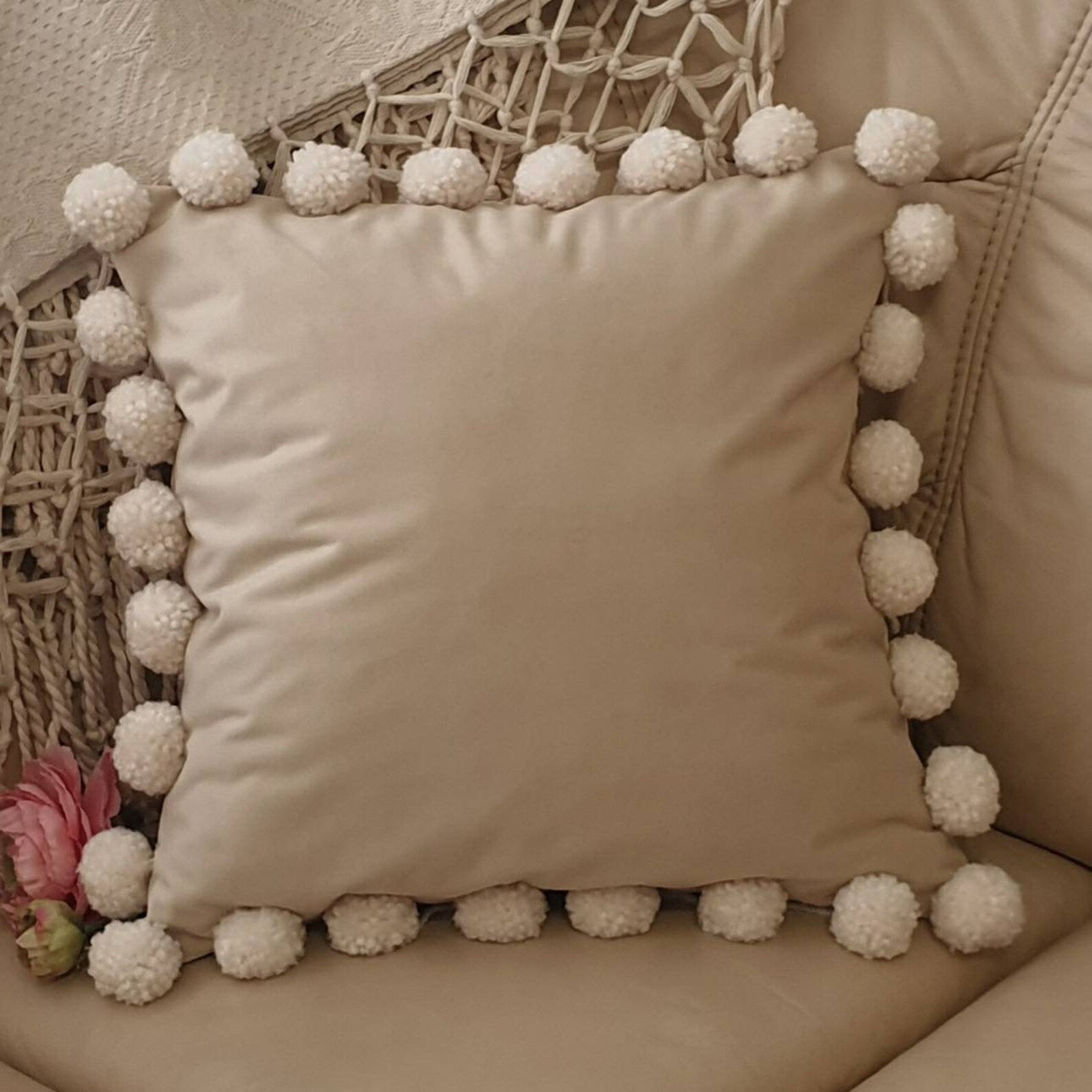 Cream Pillow Cover with Pom Poms Beige Pom Pom Pillow Case Etsy