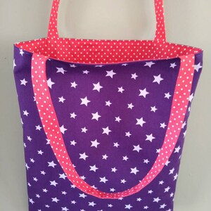 Tote bag fille, sac tissu étoiles, sac violet rose, sac école maternelle, sac bibliothèque,cadeau anniversaire copine, cadeau noël fille