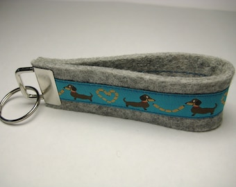 Felt keychain grey DACKEL / TECKEL / DACHSHUND turquoise