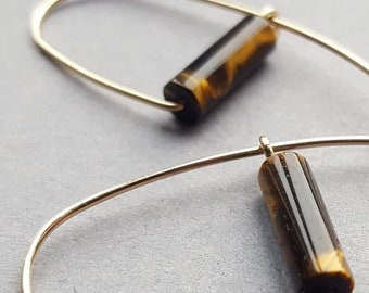 Tiger eye + gold arc earrings