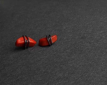 POP - RED CORAL talon + oxidised silver studs - pair