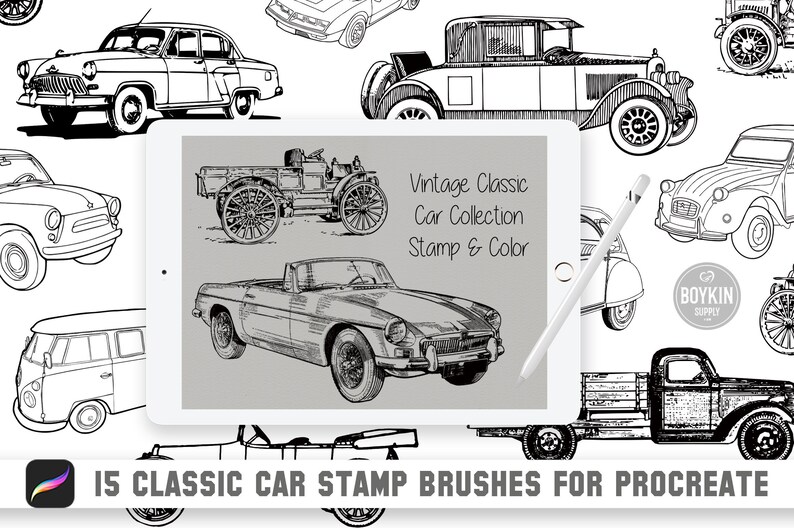 Car Stamp Brushes Procreate, Procreate Brushes, Classic Vintage Car Clipart, Procreate Stamps