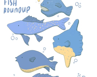Ugly Fish Roundup - Whimsical Underwater Oddities Art Print