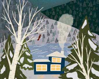 Cozy Winter Cabin Fine Art Print - Nature Wall Decor - Handmade Nature Inspired Artwork