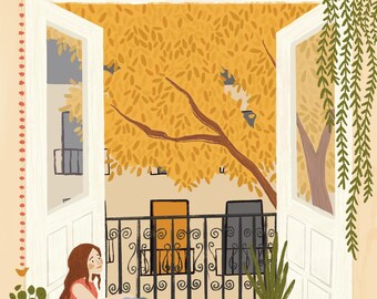 Autumn in Paris - Girl on European Balcony Art Print