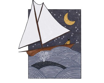 Starry Night at Sea Print - Nautical Sailboat Ocean Art