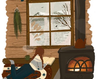 Cozy Cabin Snow Day Print - Handmade Whimsical Nature Inspired Artwork