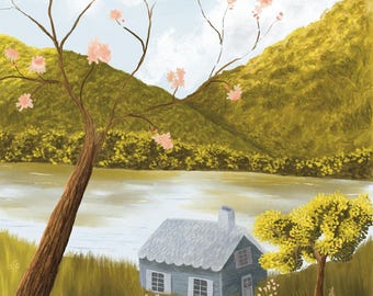 Spring Cabin - Fine Art Print - CottageCore Art - Nature Wall Decor  - Landscape Painting