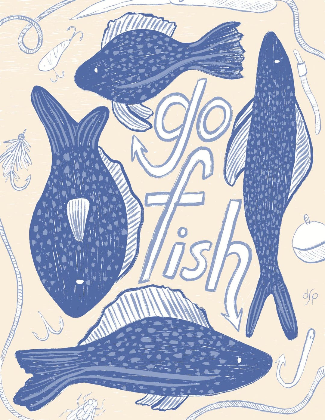 Go Fish - Whimsical Illustrated Art Print (blue) - Etsy