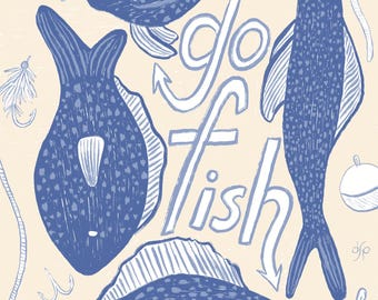 Go Fish - Whimsical Illustrated Art Print (Blue)