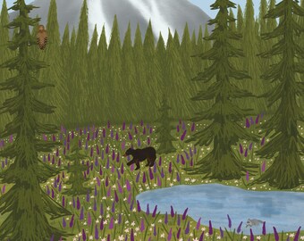 Mountain Wildlife Meadow Print - Summer Alpine Nature Art (8.5" x 11")