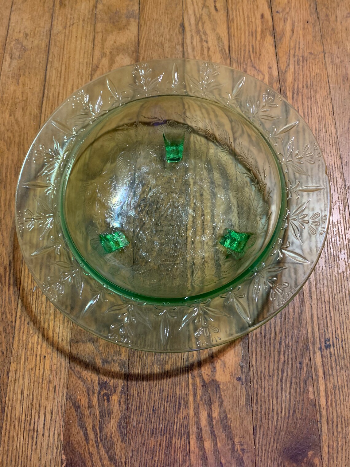 Vintage Depression Glass Footed Bowl Uranium Green Floral Etsy