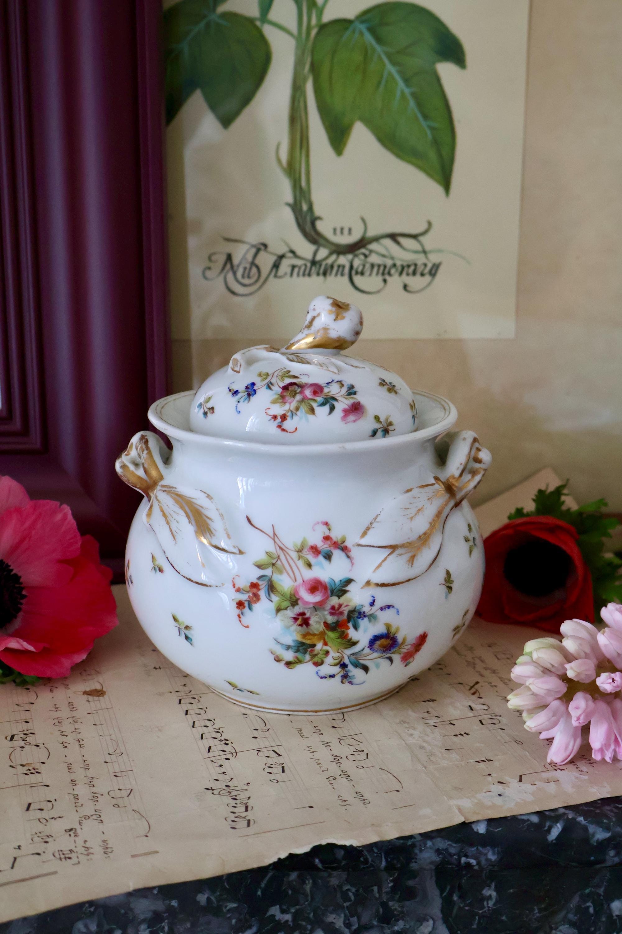 Vintage sugar pot, Vieux Paris porcelain - Hand-Painted Floral with Gold Accents