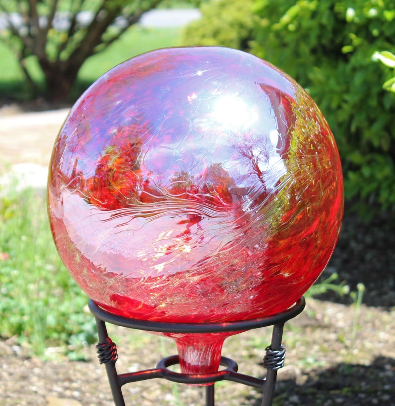 Glass Gazing Ball Red Iridescent 12 Inch Etsy