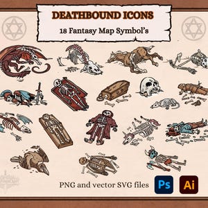 ファンタジー マップ アイコン - DnD および RPG マップ用の SVG および PNG 形式の 18 個のアイコン、12 個のコンパス デザイン、および 8 個の紙バナーを含む Deathbound 地図作成要素