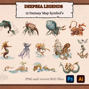 Fantasy Map Icons - Tiefsee Legenden mit 12 Meereskreaturen, 12 Kompass Designs, und 8 Papierbanner in SVG & PNG für DnD und RPG Karten