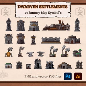 ファンタジー マップ アイコン - DnD および RPG マップ用の 24 個のアイコン、12 個のコンパス デザイン、および 8 個の紙バナーを含む SVG および PNG 形式のドワーフ地図作成要素