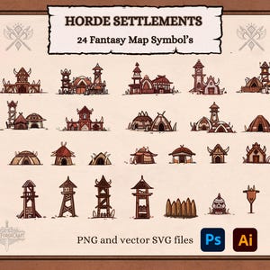 ファンタジー マップ アイコン - 24 個のアイコン、12 個のコンパス デザイン、8 個の紙バナーを含む SVG および PNG 形式の DnD および RPG マップ用部族の地図作成要素