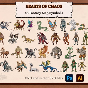Icone della mappa fantasy - Bestie del caos con 30 mostri, 12 design di bussola e 8 banner di carta in SVG e PNG per mappe DnD e RPG