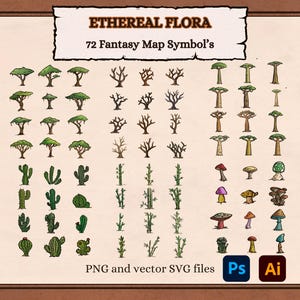 Icônes de carte fantastique - Flore éthérée avec 72 éléments, 12 modèles de boussole et 8 bannières en papier en SVG et PNG pour cartes D&D et RPG