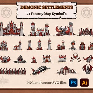 ファンタジー マップ アイコン - DnD および RPG マップ用の 24 個のアイコン、12 個のコンパス デザイン、および 8 個の紙バナーを含む SVG および PNG 形式の悪魔的な地図作成要素