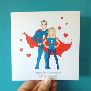 Custom Super hero Cartoon Card, personalised card, cartoon illustration, superhero card, anniversary, valentines, engagement, cute couple