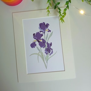 Impression de fleurs d'iris, carte de fleurs d'iris, impression d'iris, fleur d'iris, fleur de naissance de février, carte d'anniversaire de février, cadeau de février