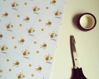 Bee Happy Gift Wrap, Be Happy, Cute bee gift, bee lover, nature, wildlife, recycled gift wrap, bee wrapping paper