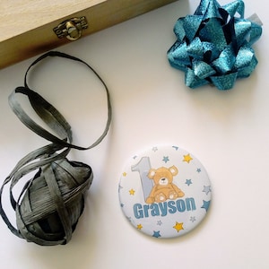 Personalized Bear 1st Birthday Badge: Custom Name & Age (38mm)