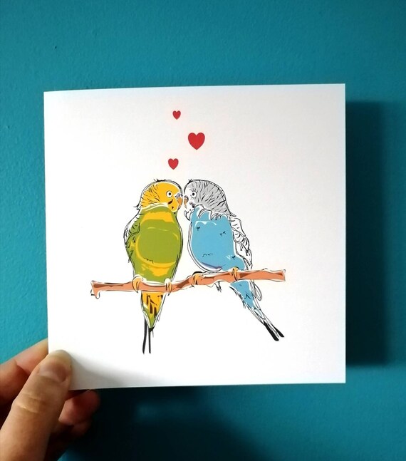 Budgies in Love Card, Valentines Day Card, Anniversary, Engagement