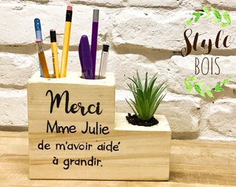 teacher gift, pencil holder, artificial plant, wooden pencil holder, secretary, pencil organizer, hand painted, personalized, wood style