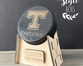 Hockey puck stand, puck trophy, wooden puck trophy, personalized, wooden puck stand, hockey decorations, wood style
