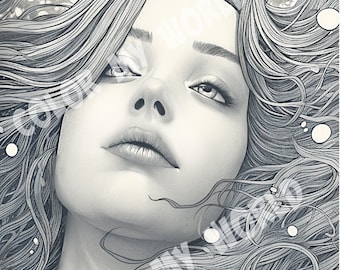 Vrouw verloren volwassen kleurplaat in grijstinten