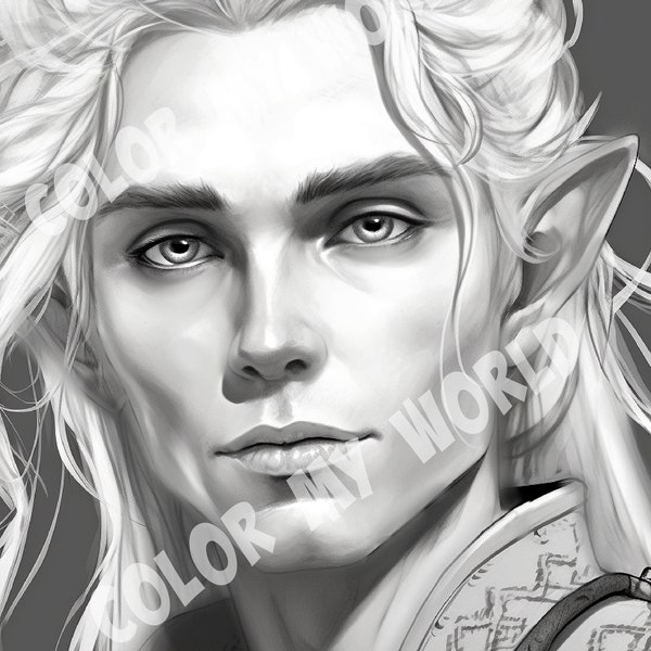 Male Blonde Elf Adult Coloring Greyscale