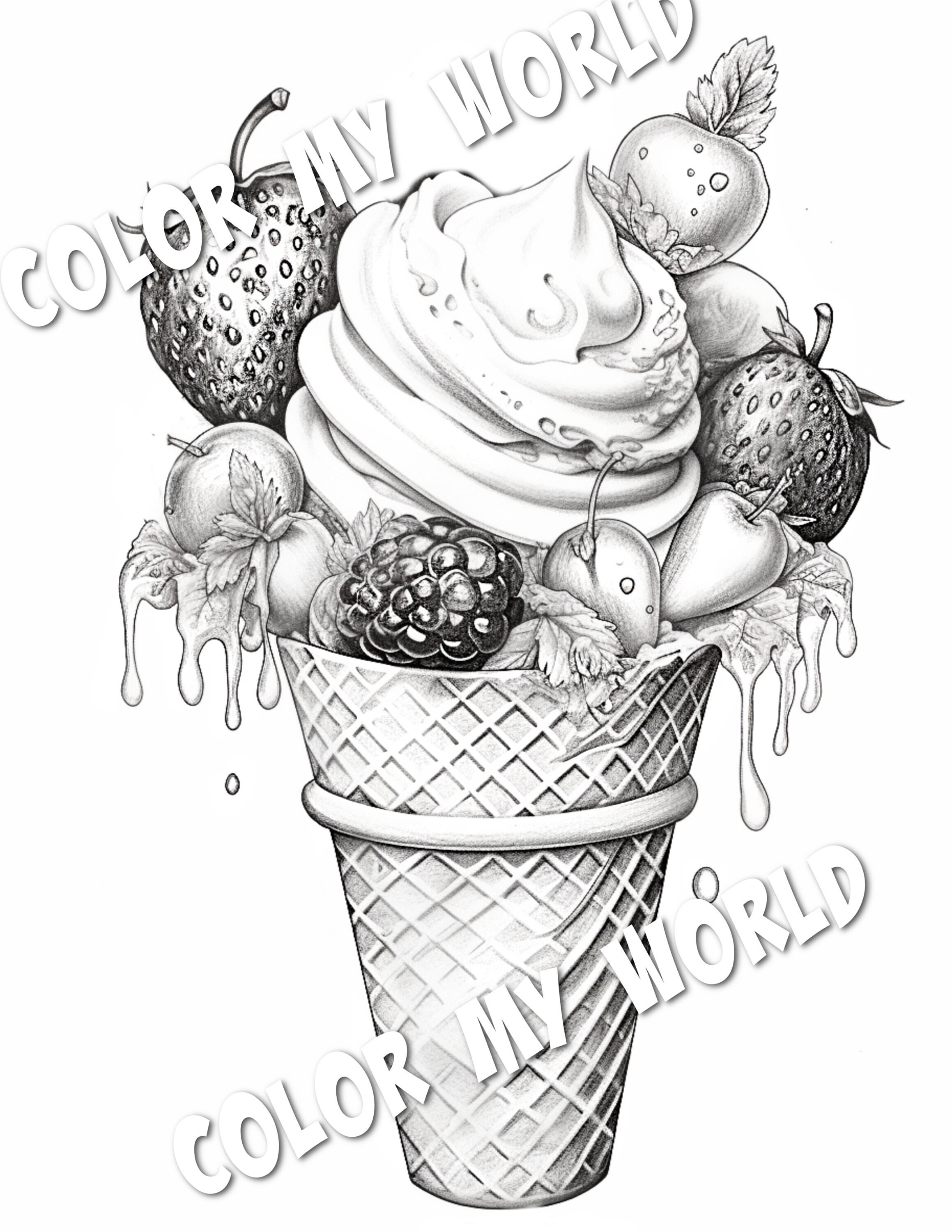 フルーツ入りアイスクリームコーン 大人用塗り絵 グレースケール - Etsy 日本