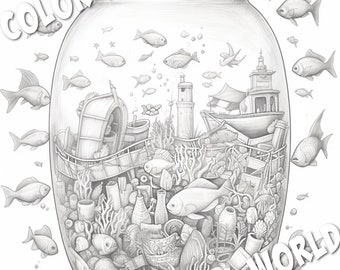 Vis in een pot volwassen grijstinten kleurplaat