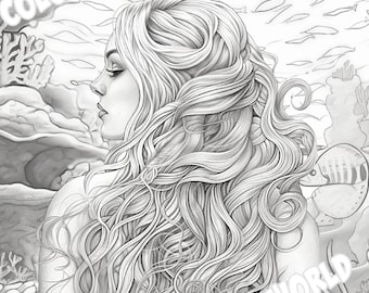 Mooie zeemeermin volwassen grijstinten kleurplaat