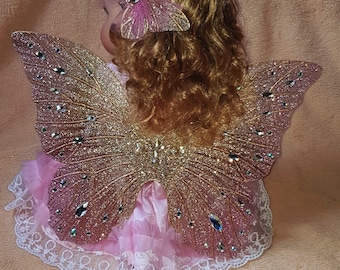 pink gold  shimmery butterfly wings with lots of rhinestones fairy costume gift fo girl costume wings butterfly for birthday flower girl