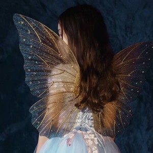 big gold blue shimmery butterfly wings with lots of rhinestones  fairy costume gift fo girl costume wings butterfly for birthday flower girl