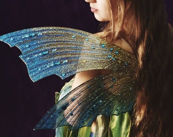 big gold blue set shimmery butterfly wings with lots of rhinestones  fairy costume  costume wings butterfly for birthday flower girl