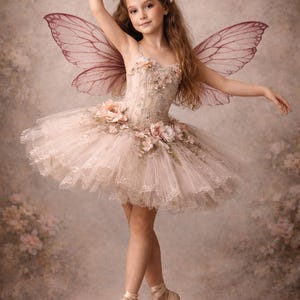 May include: A young person in a fairy costume, with a floral crown and delicate wings. The outfit includes a detailed bodice and a layered tutu skirt. The ballet shoes are a soft pink, and the background is a muted, floral-themed backdrop.