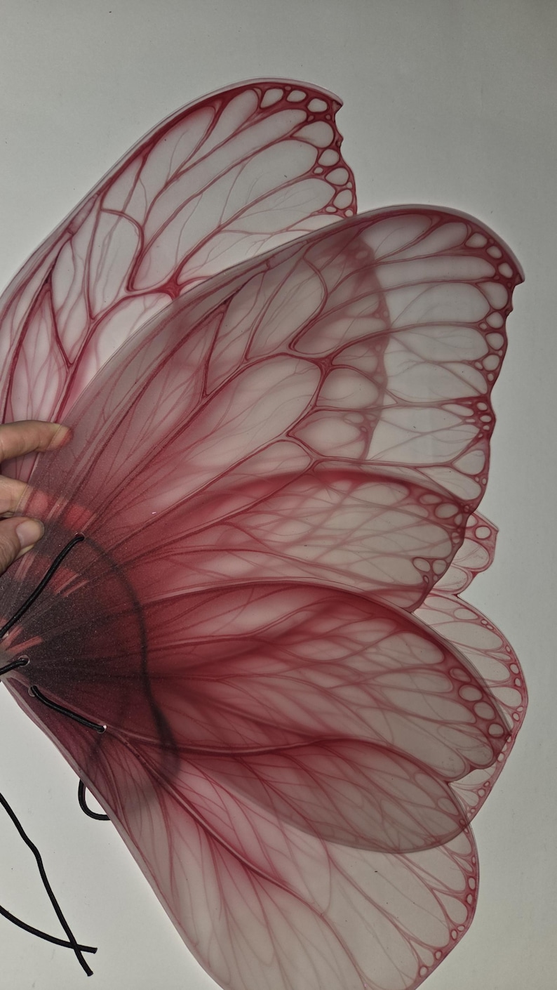 May include: A pair of translucent, layered butterfly wings with a gradient of red hues. The wings feature intricate vein-like patterns and a scalloped edge, creating a delicate and ethereal appearance. The wings are held together by a black wire.