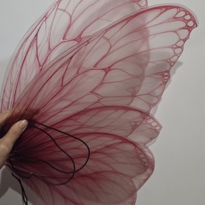 May include: A pair of translucent, pink fairy wings with intricate vein-like detailing. The wings are held together with a black cord, suggesting they are wearable. The design evokes a delicate, ethereal aesthetic, perfect for costume or cosplay.