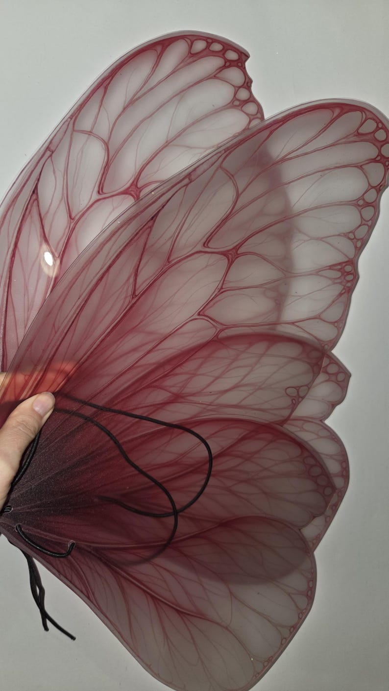 May include: A pair of translucent butterfly wings with a gradient of red hues. The wings feature intricate vein-like patterns and are held together with a black cord. The wings are designed for costume or decorative purposes.